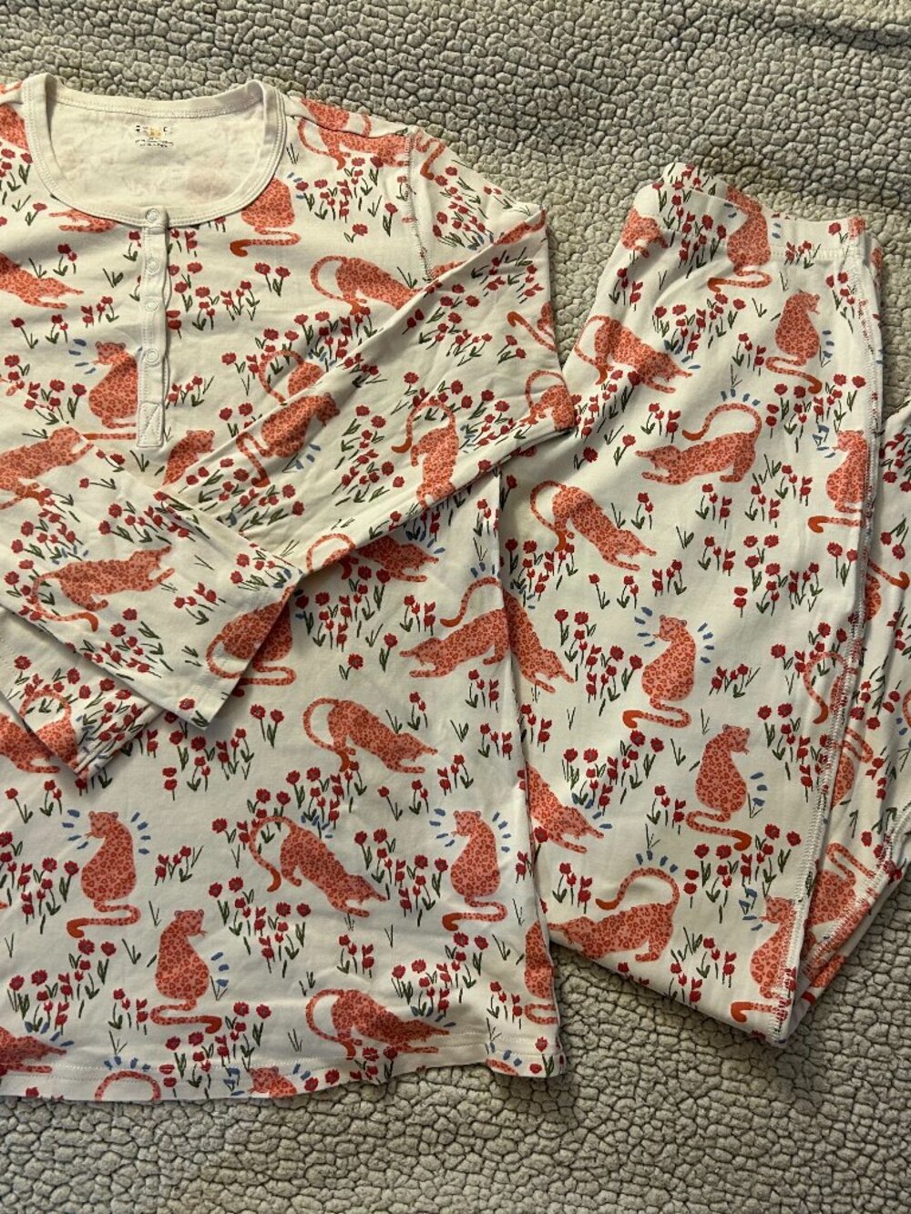 Roller Rabbit -- white base, red flowers, pink cheetahs, matching pijama set